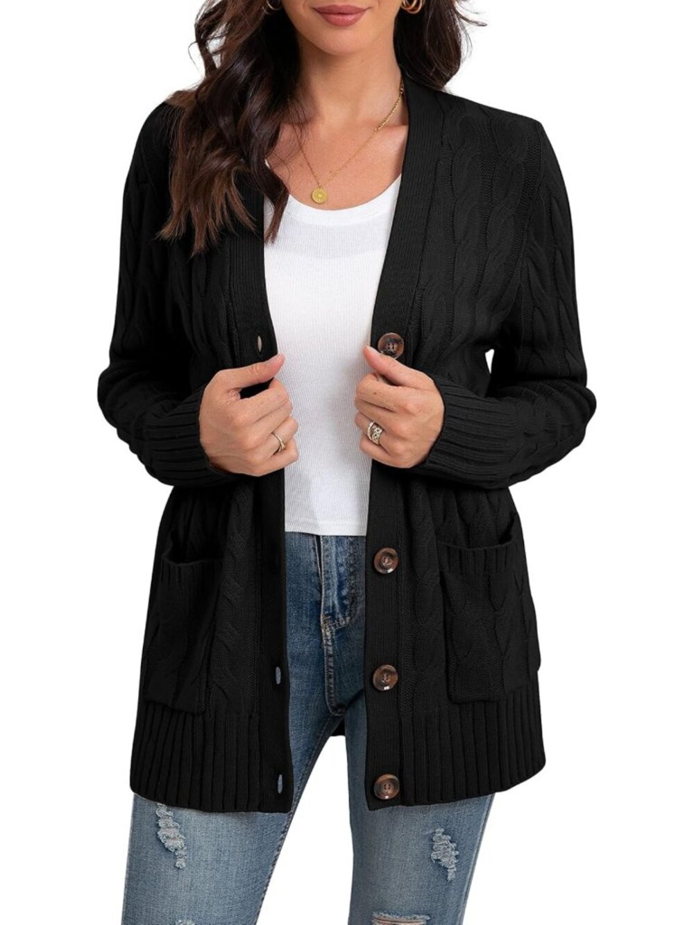 Cozy Long Sleeve Cable Knit Cardigan Sweater with Pockets for Women